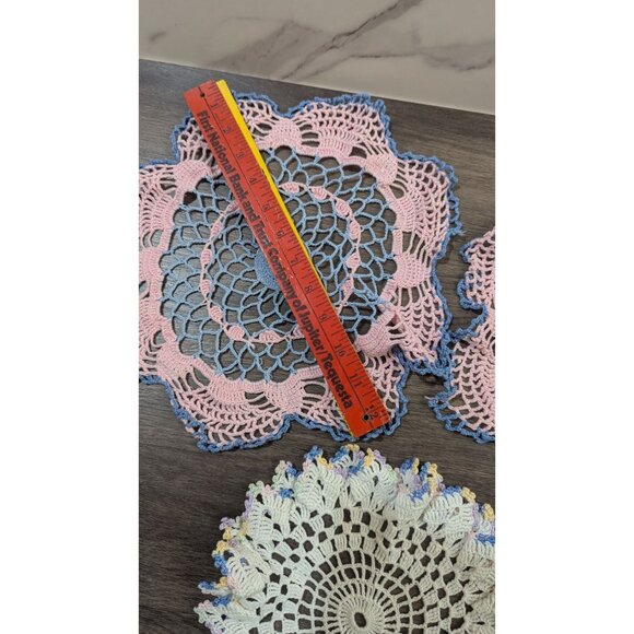Vintage Hand-Crocheted Doilies Set Of 3 Pink & White Round & Square 10" Decor - Picture 7 of 7